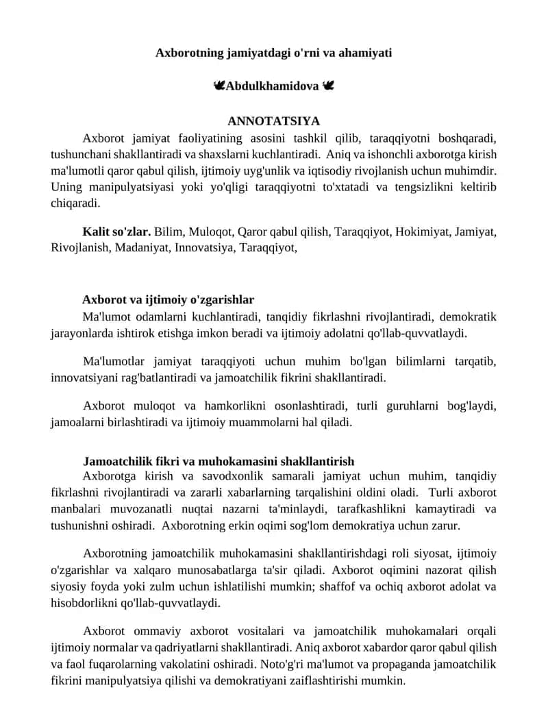 Axborotning jamiyatdagi o'rni va ahamiyati