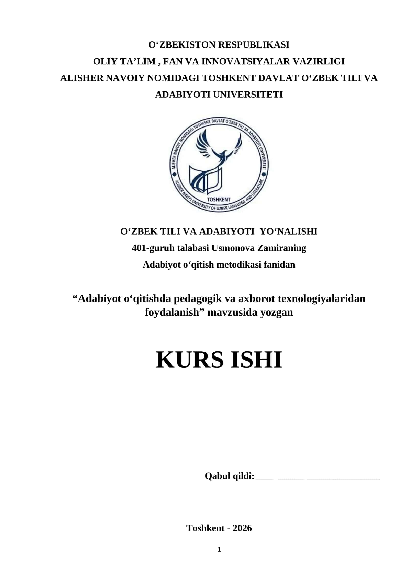 "Adabiyot o‘qitishda pedagogik va axborot texnologiyalaridan foydalanish"