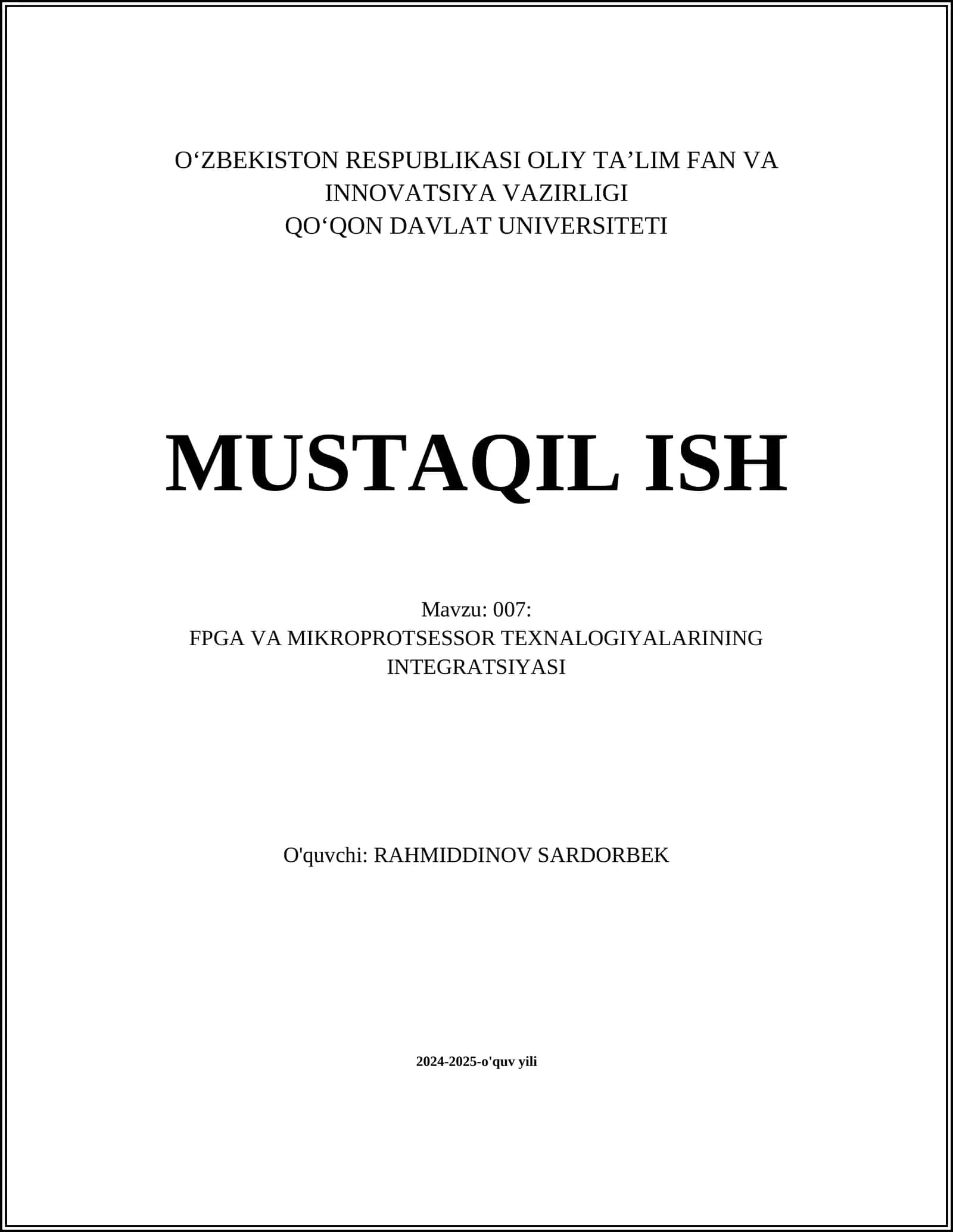 FPGA VA MIKROPROTSESSOR TEXNALOGIYALARINING INTEGRATSIYASI