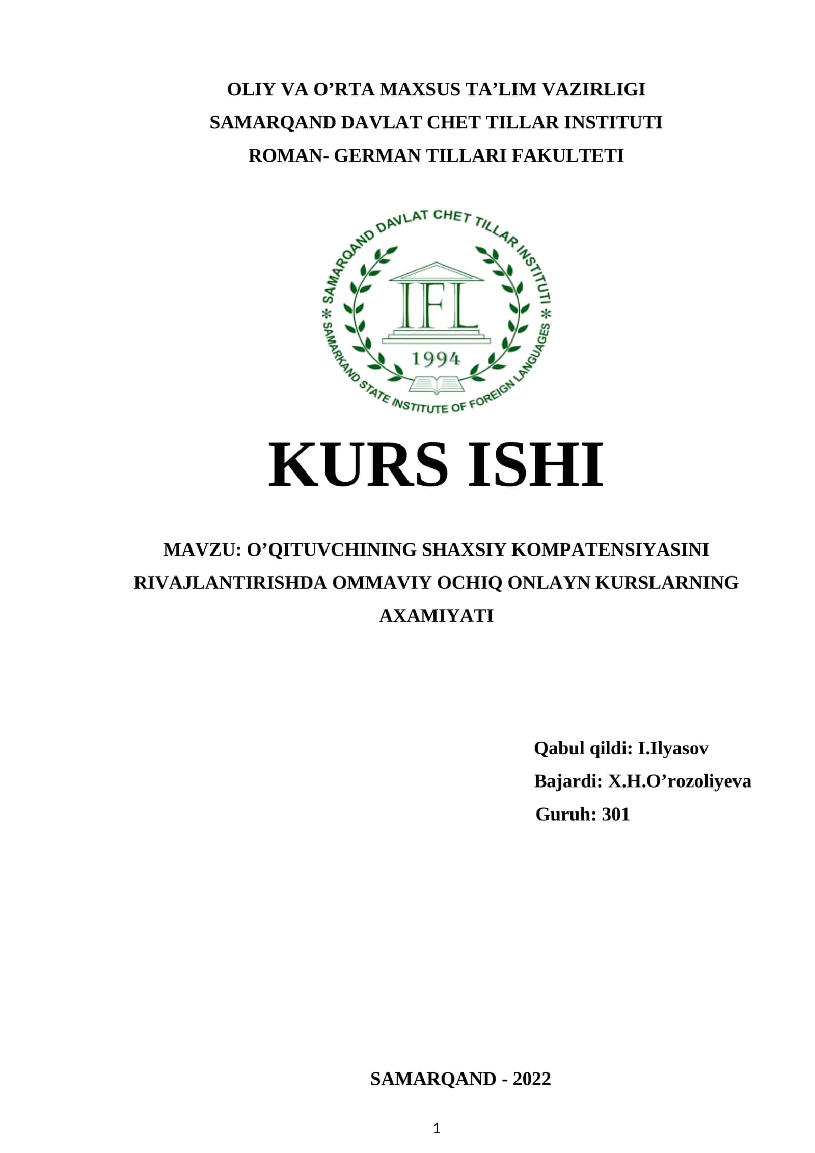 O’QITUVCHINING SHAXSIY KOMPATENSIYASINI RIVAJLANTIRISHDA OMMAVIY OCHIQ ONLAYN KURSLARNING AXAMIYATI