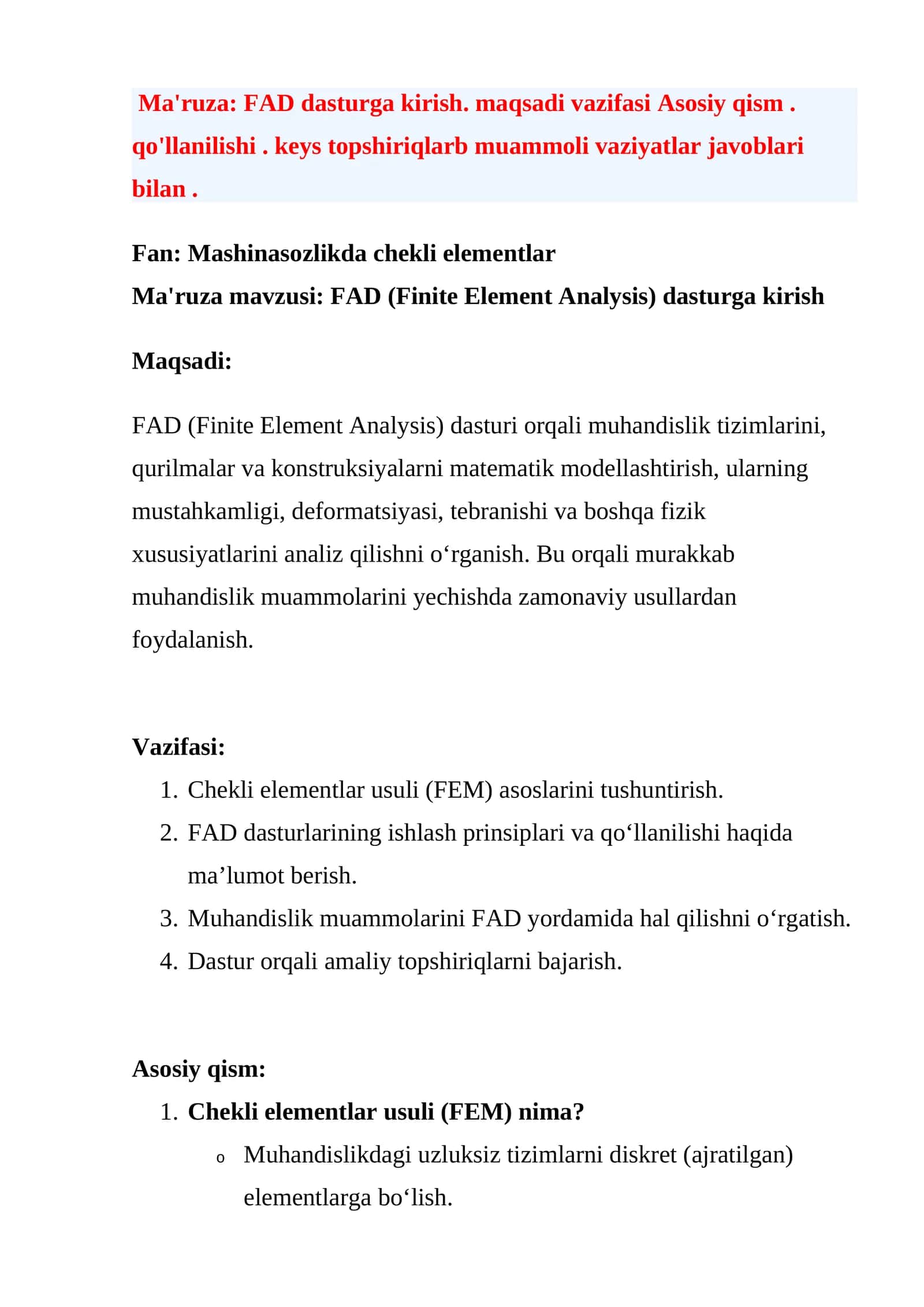 FAD (Finite Element Analysis) dasturga kirish