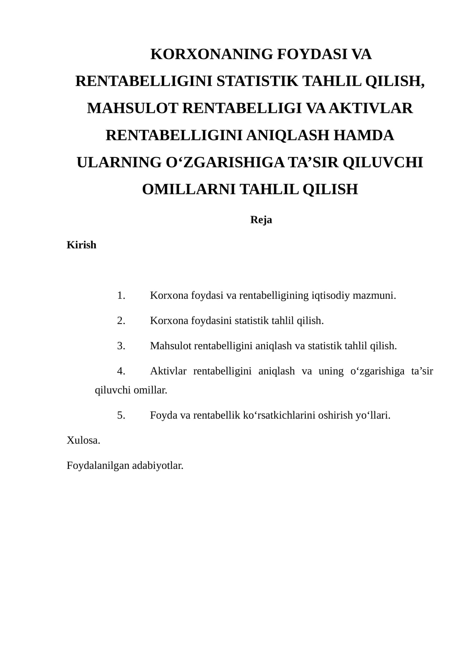 Korxonaning Foydasi va Rentabelligini Statistik Tahlil Qilish