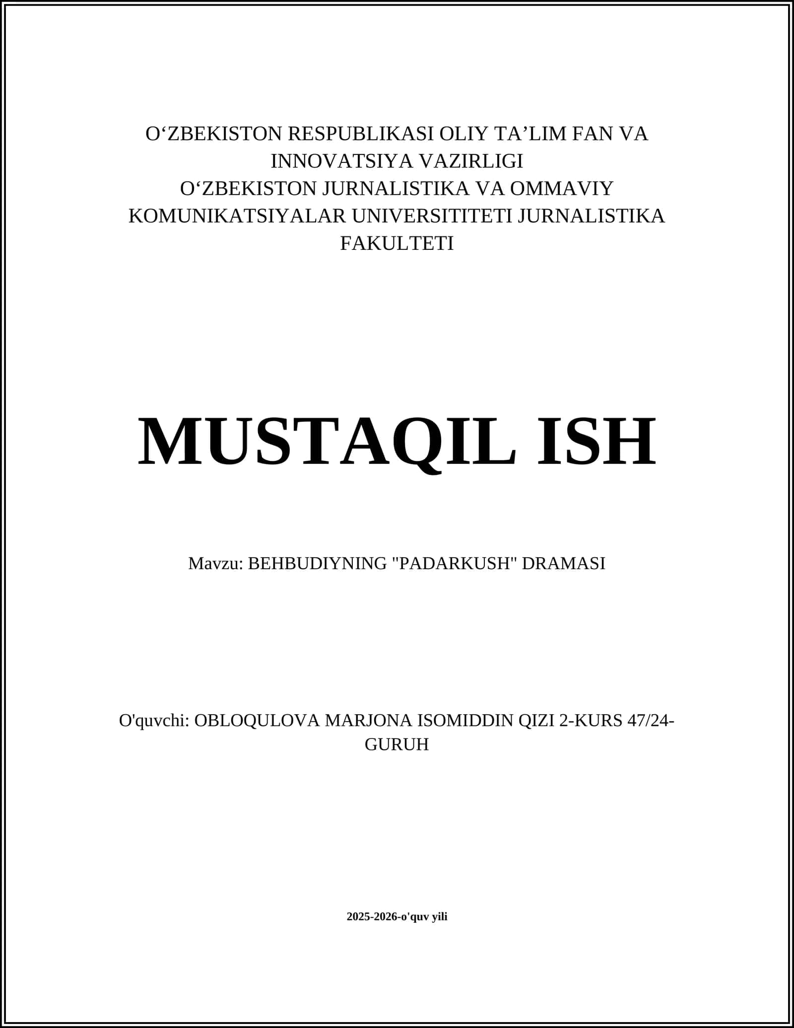 BEHBUDIYNING "PADARKUSH" DRAMASI