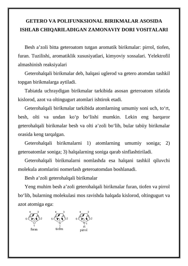 Getero va Polifunksional birikmalar asosida ishlab chiqariladigan zamonaviy dori vositalari