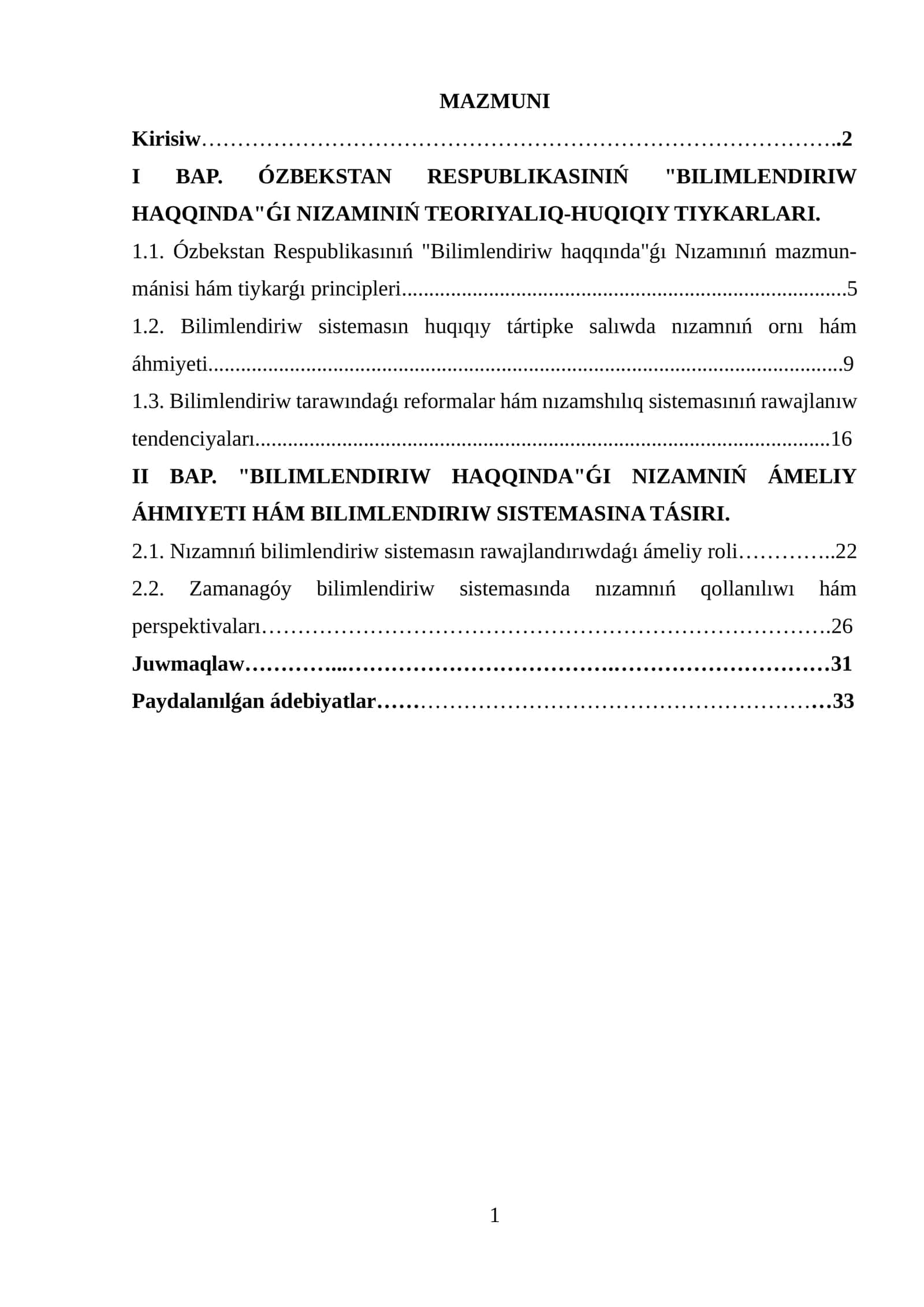 ÓZBEKSTAN RESPUBLIKASINIŃ "BILIMLENDIRIW HAQQINDA"ǴI NIZAMINIŃ TEORIYALIQ-HUQIQIY TIYKARLARI