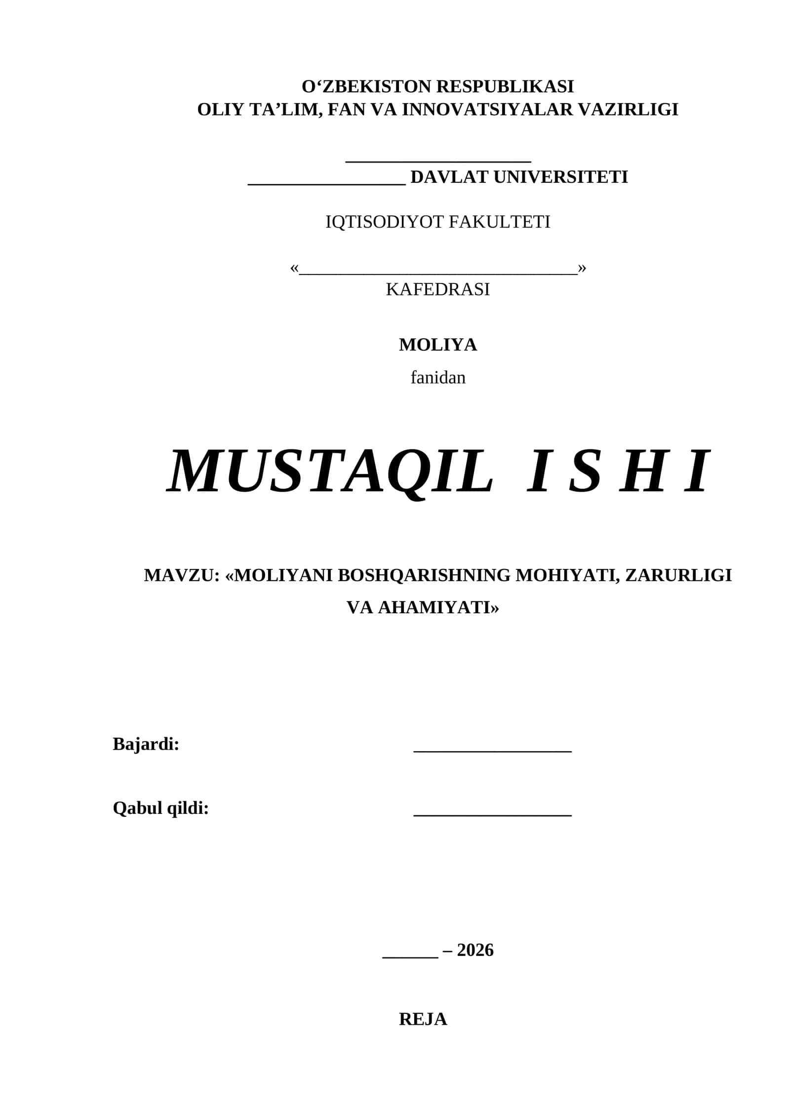 MOLIYANI BOSHQARISHNING MOHIYATI, ZARURLIGI VA AHAMIYATI