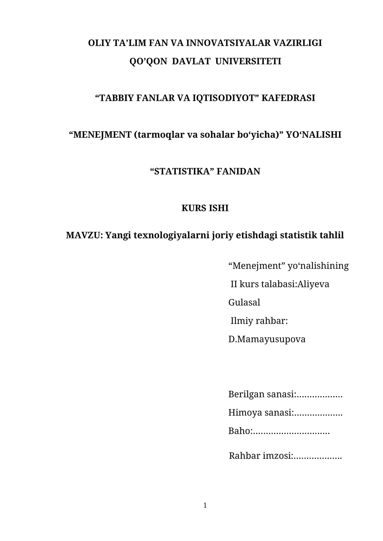 Yangi texnologiyalarni joriy etishdagi statistik tahlil kurs ishi