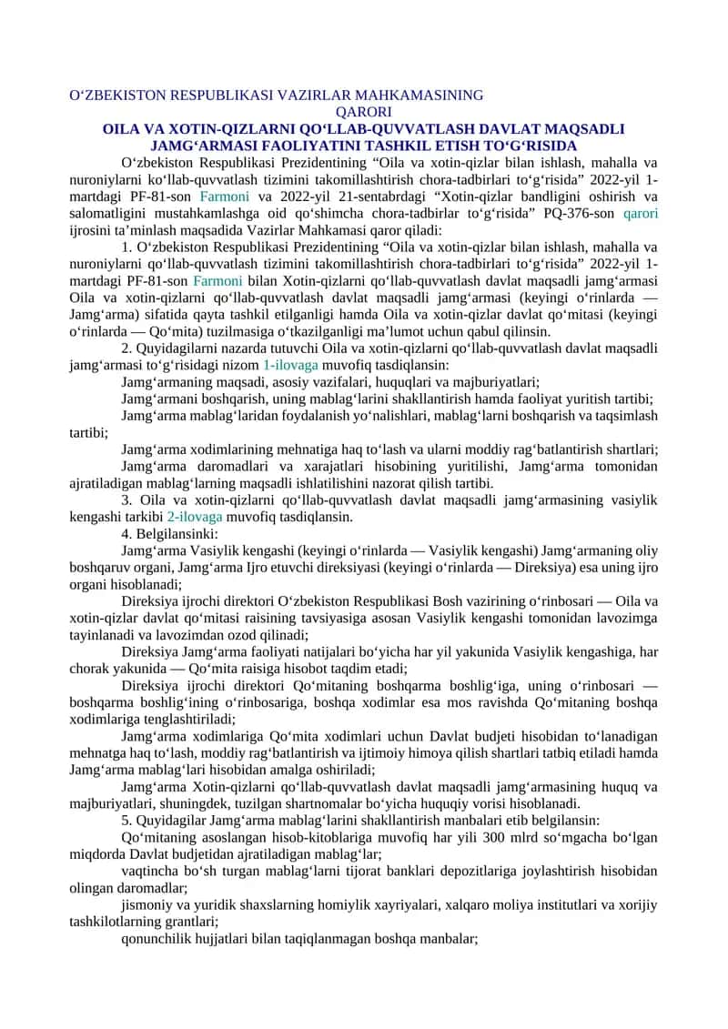 OILA VA XOTIN-QIZLARNI QO‘LLAB-QUVVATLASH DAVLAT MAQSADLI JAMG‘ARMASI FAOLIYATINI TASHKIL ETISH TO‘G‘RISIDA