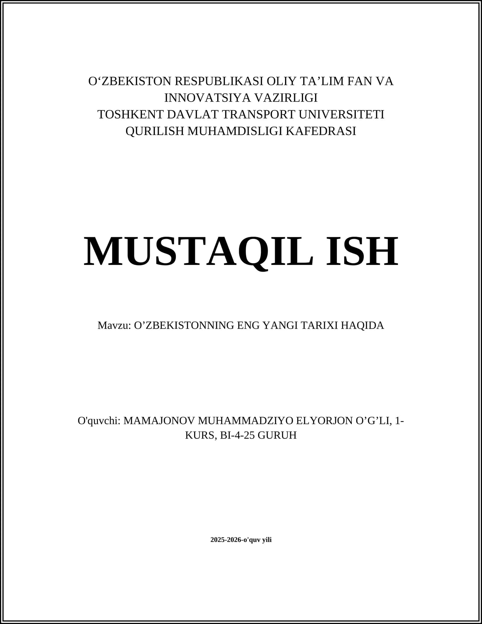 O‘ZBEKISTONNING ENG YANGI TARIXI HAQIDA