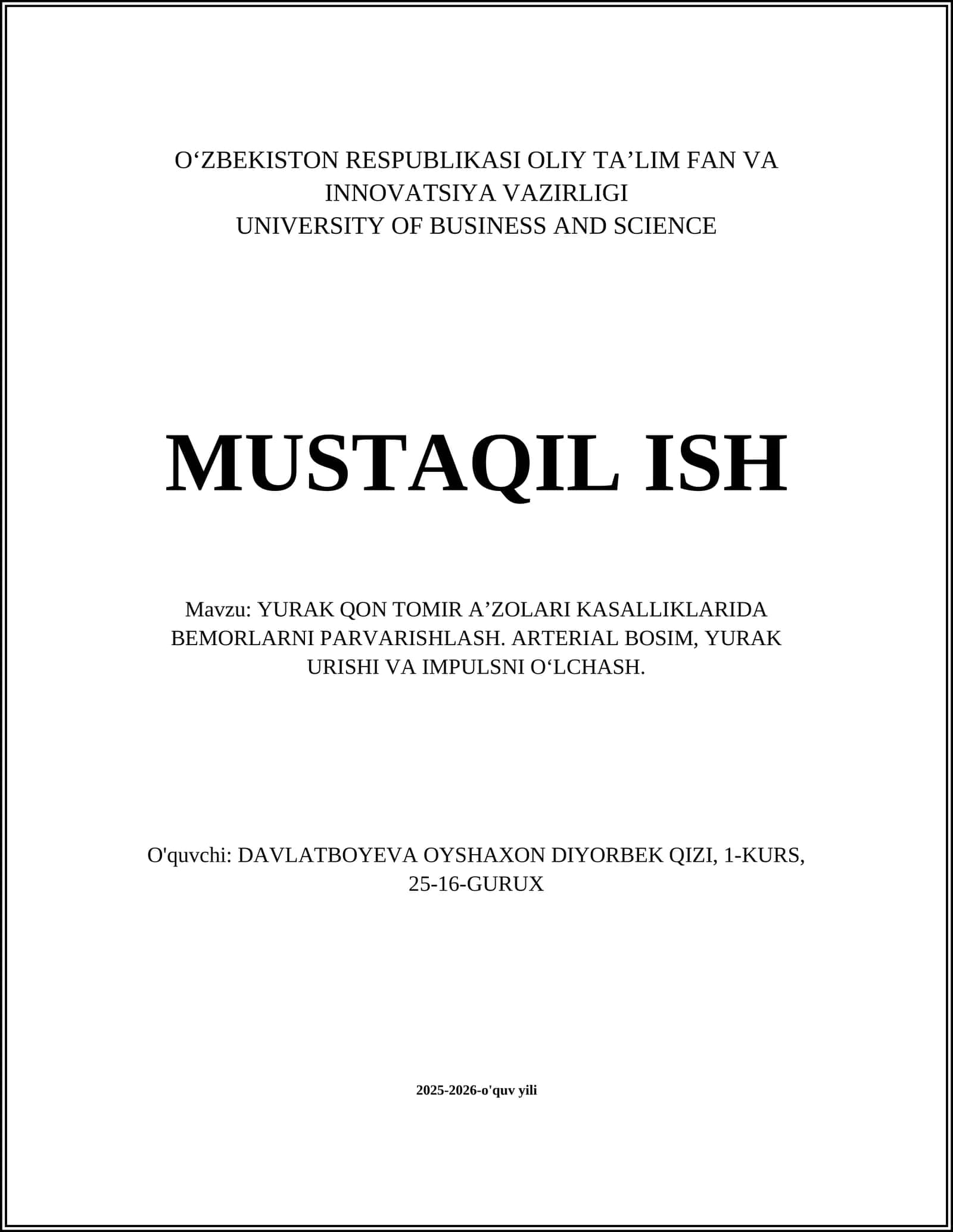 YURAK QON TOMIR AʼZOLARI KASALLIKLARIDA BEMORLARNI PARVARISHLASH
