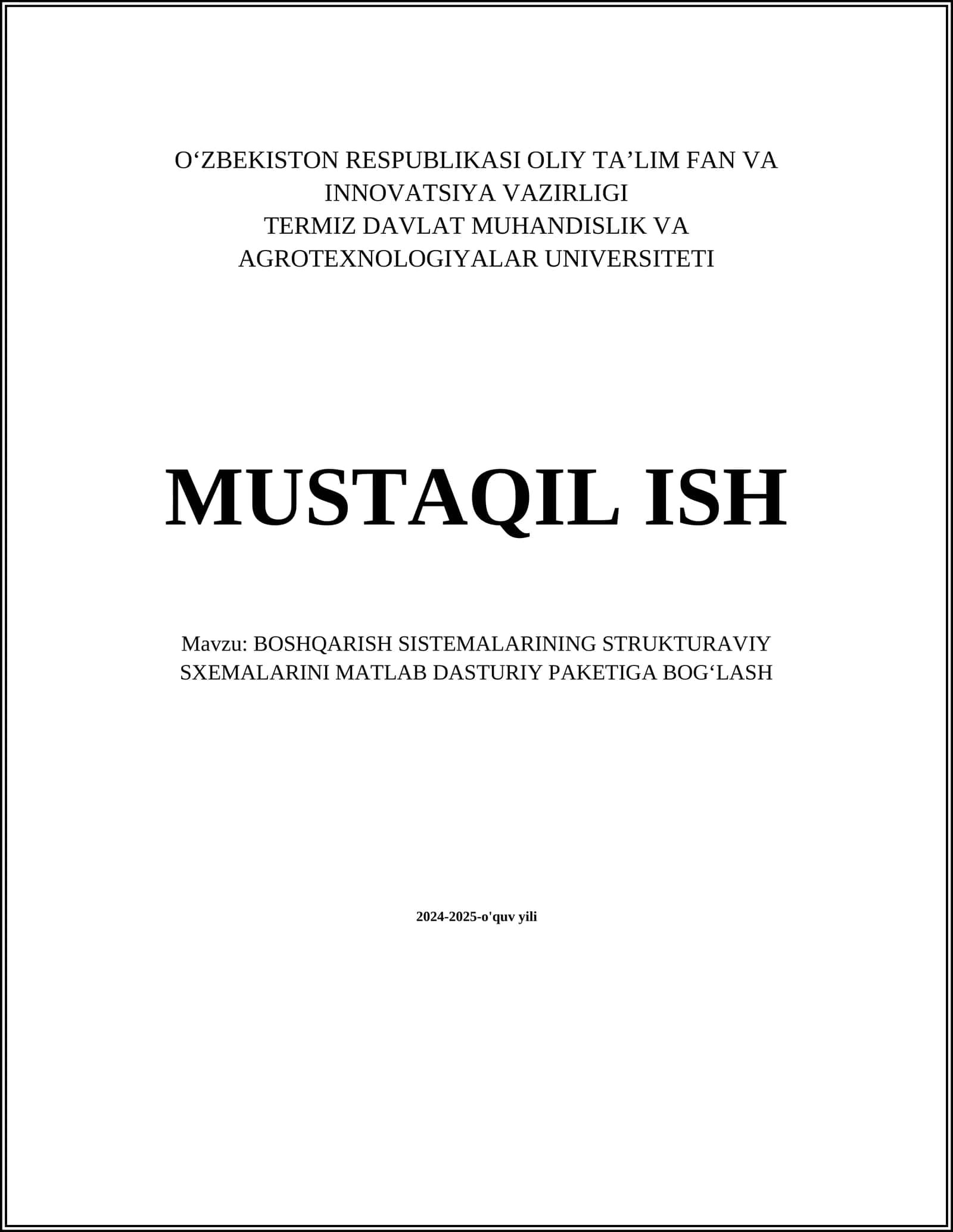 BOSHQARISH SISTEMALARINING STRUKTURAVIY SXEMALARINI MATLAB DASTURIY PAKETIGA BOG‘LASH