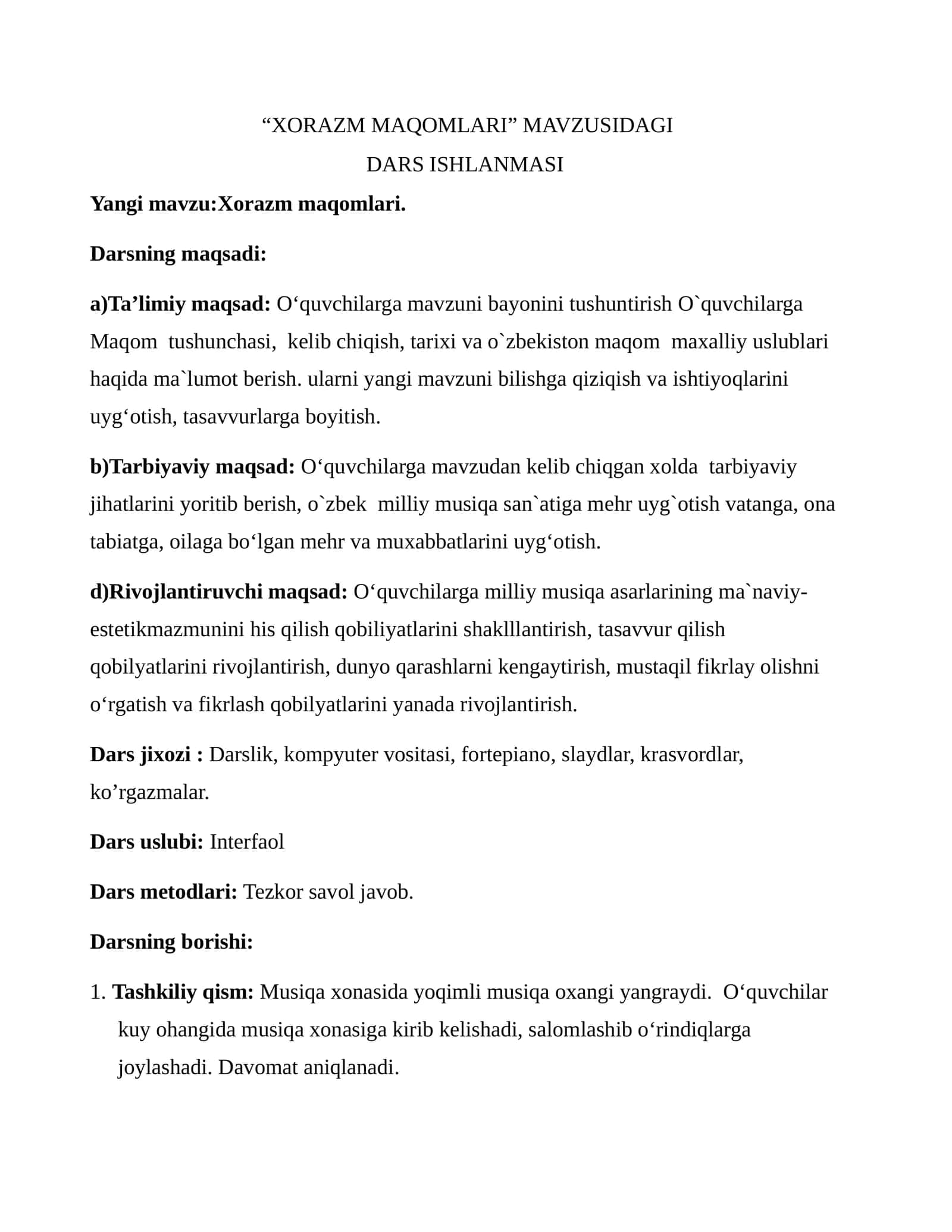 “XORAZM MAQOMLARI” MAVZUSIDAGI DARS ISHLANMASI