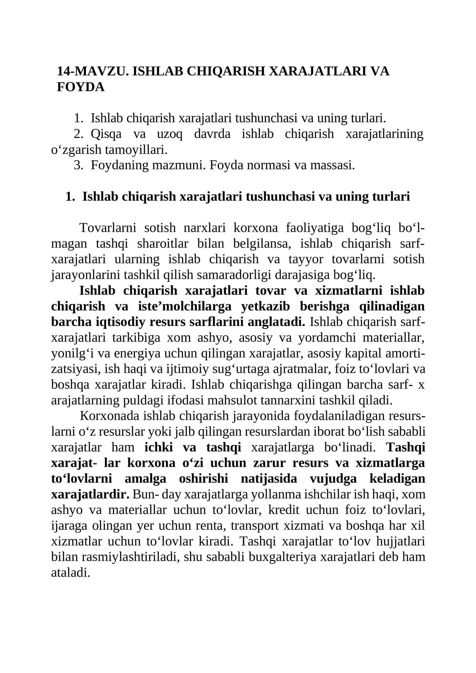 Ishlab chiqarish xarajatlari va foyda