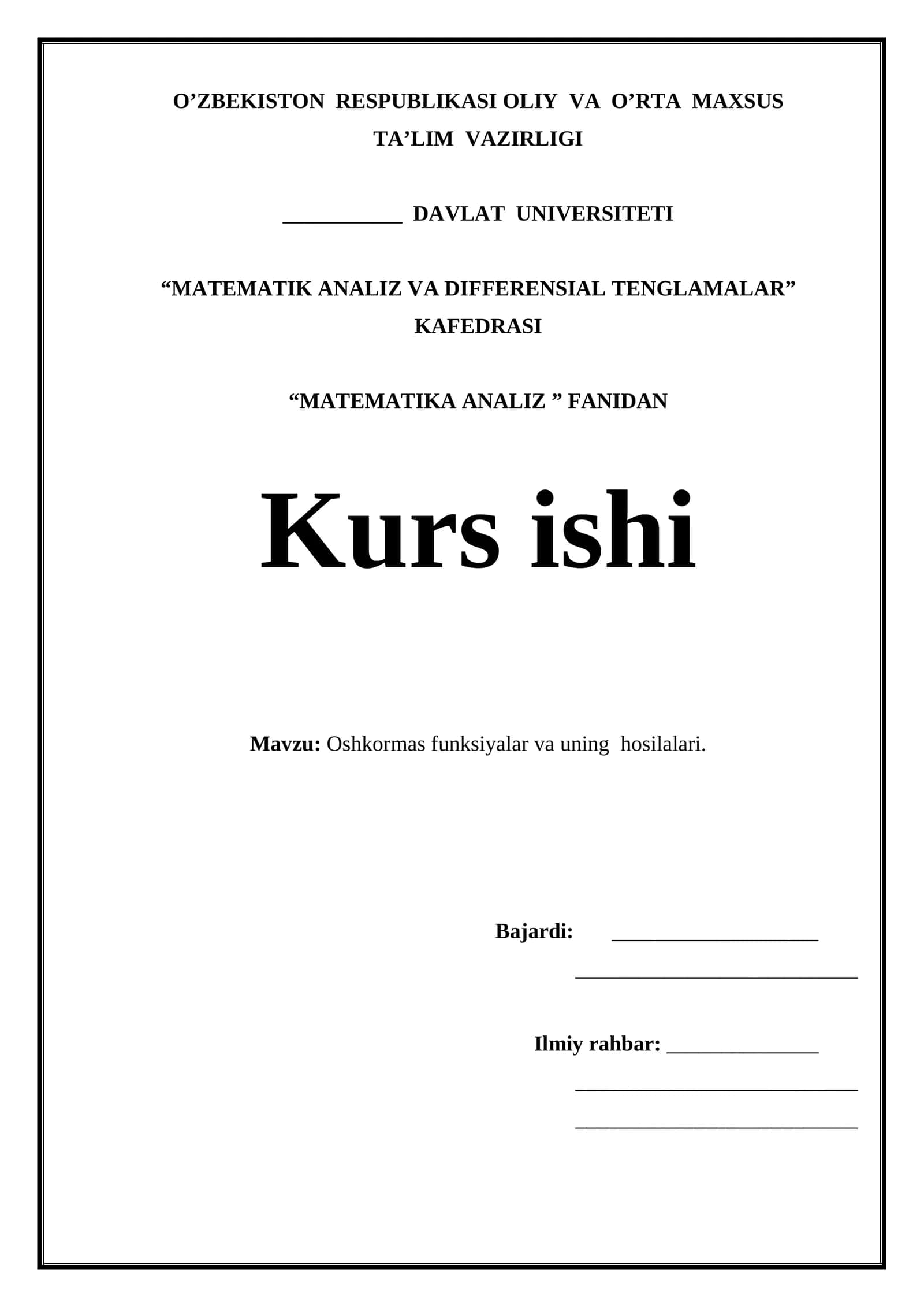 Oshkormas funksiyalar va uning hosilalari