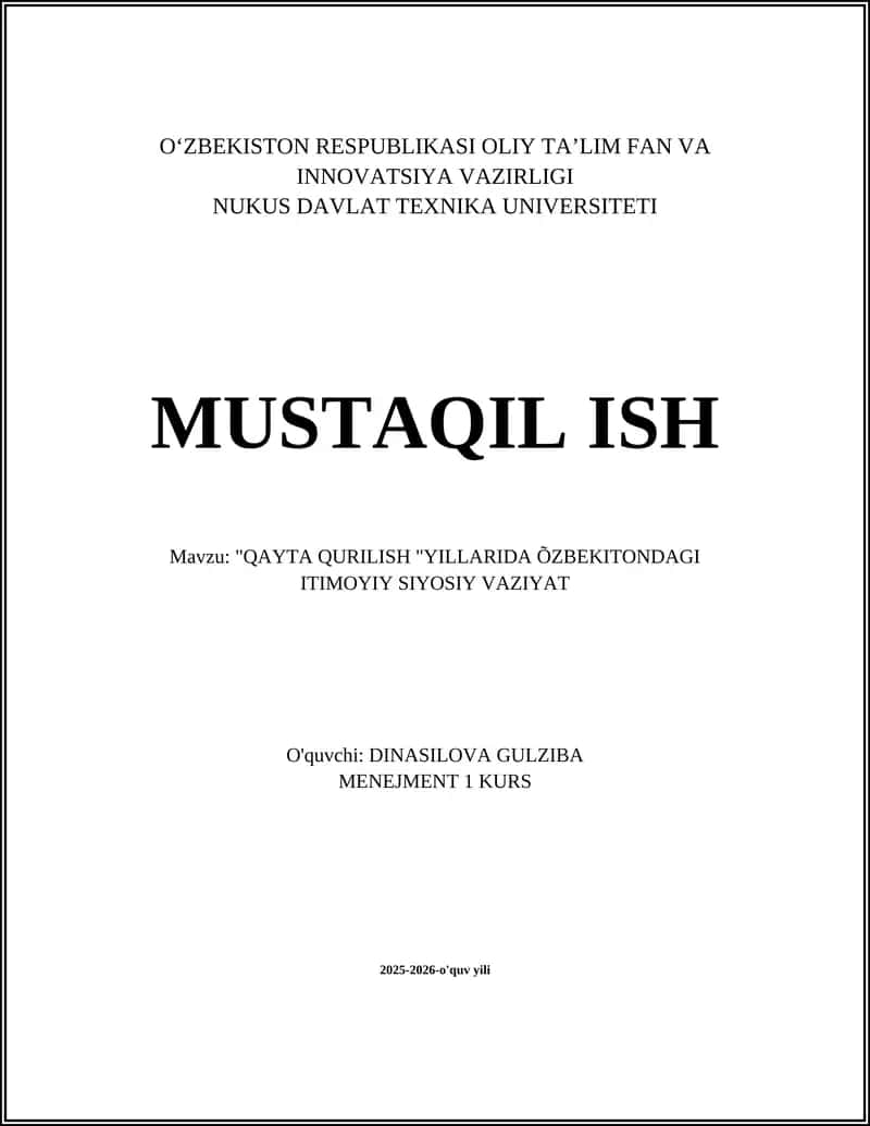 QAYTA QURILISH "YILLARIDA ÕZBEKITONDAGI ITIMOYIY SIYOSIY VAZIYAT