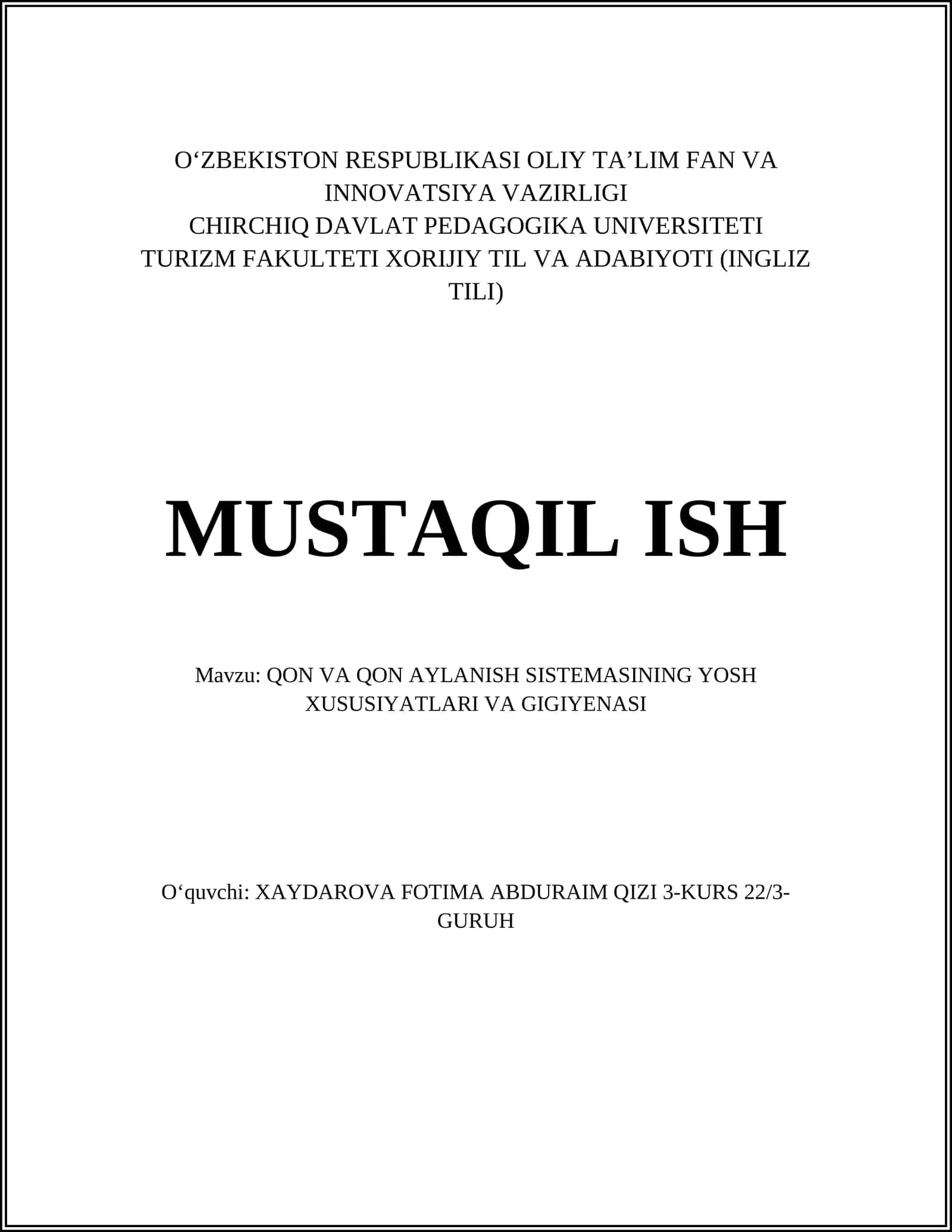 Qon va Qon Aylanish Tizimining Yosh Xususiyatlari va Gigiyenasi