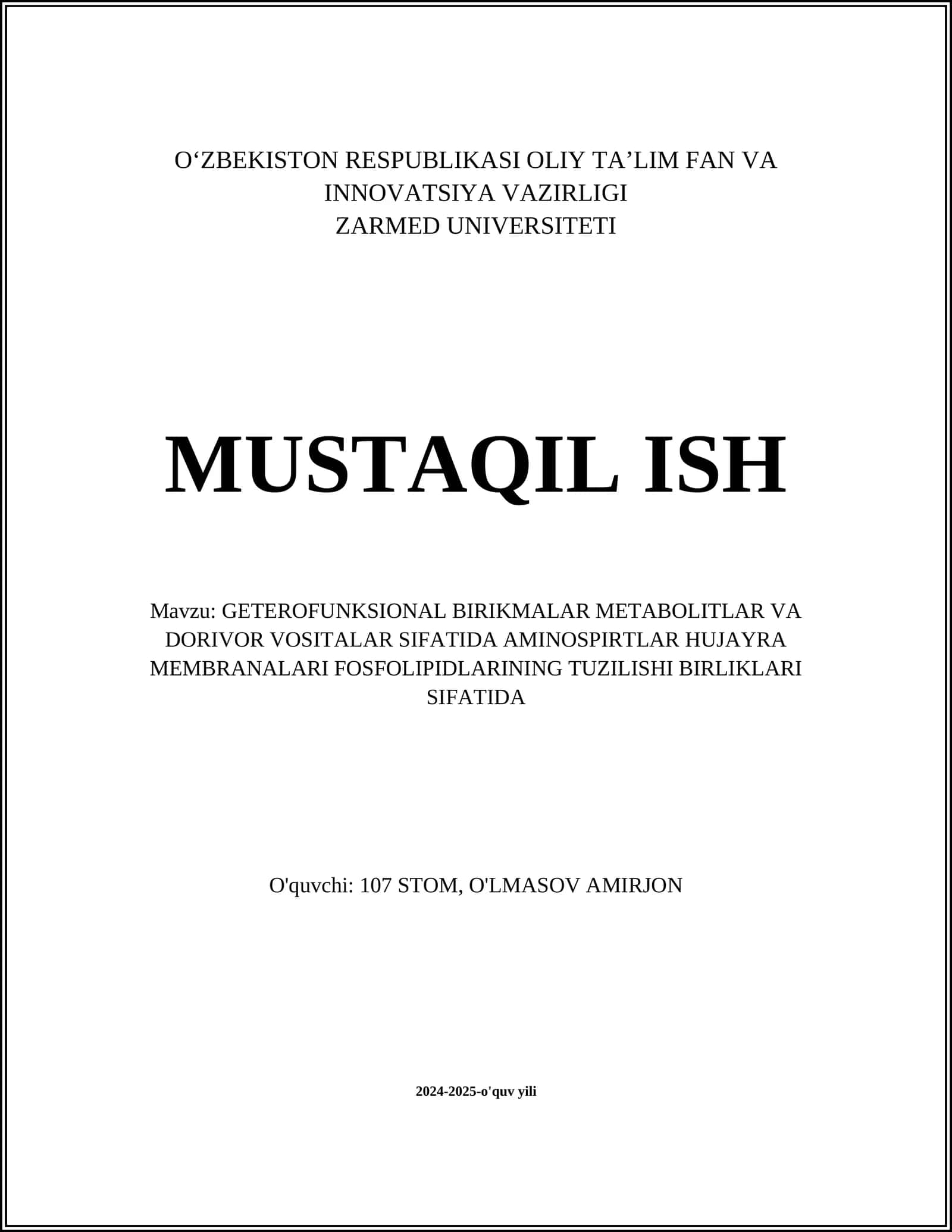 GETEROFUNKSIONAL BIRIKMALAR METABOLITLAR VA DORIVOR VOSITALAR SIFATIDA AMINOSPIRTLAR HUJAYRA MEMBRANALARI FOSFOLIPIDLARINING TUZILISHI BIRLIKLARI SIFATIDA