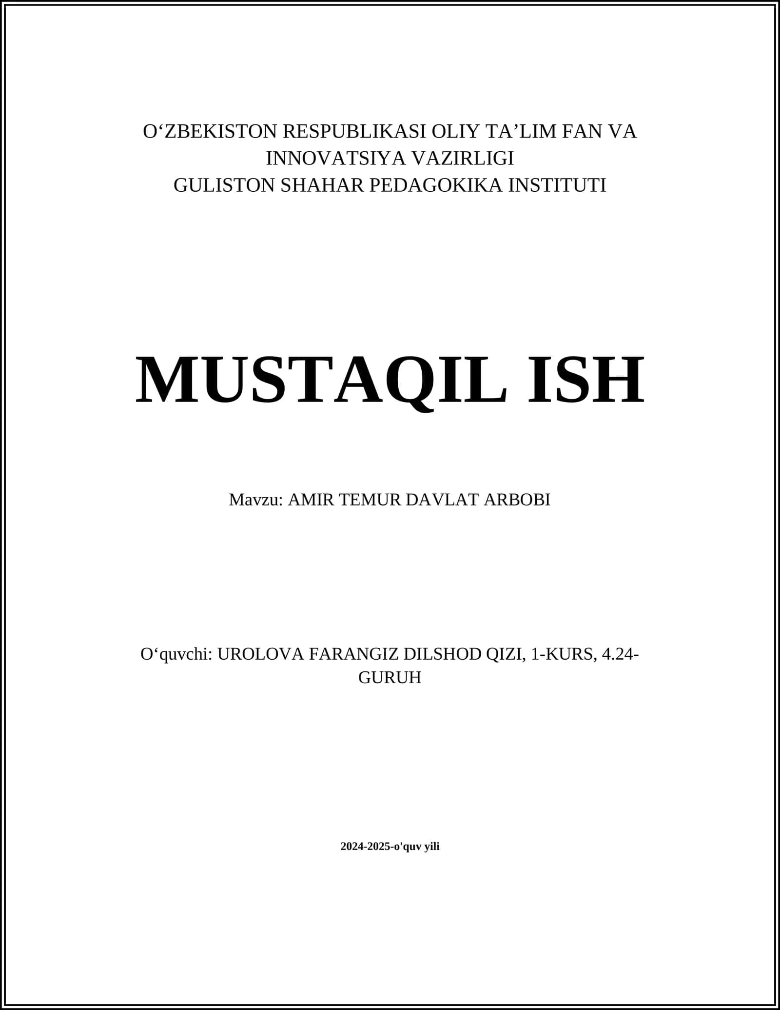 AMIR TEMUR DAVLAT ARBOBI