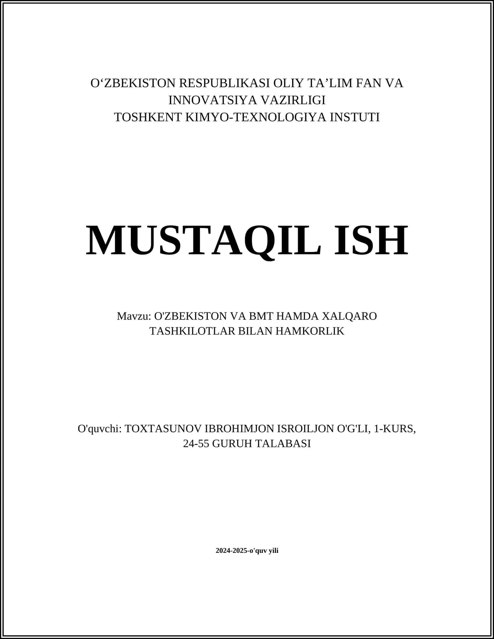 O‘ZBEKISTON VA BMT HAMDA XALQARO TASHKILOTLAR BILAN HAMKORLIK