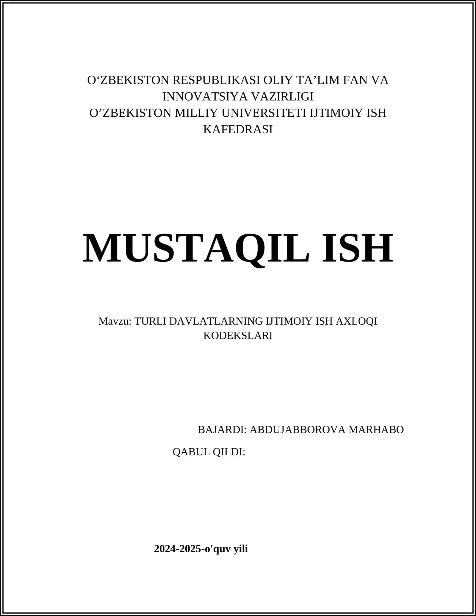TURLI DAVLATLARNING IJTIMOIY ISH AXLOQI KODEKSLARI