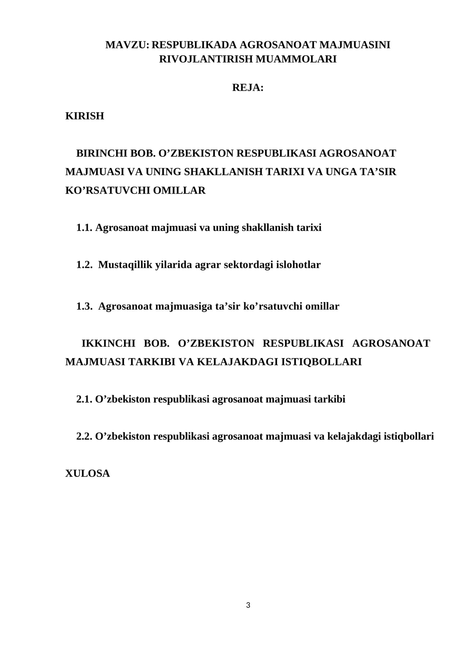 RESPUBLIKADA AGROSANOAT MAJMUASINI RIVOJLANTIRISH MUAMMOLARI