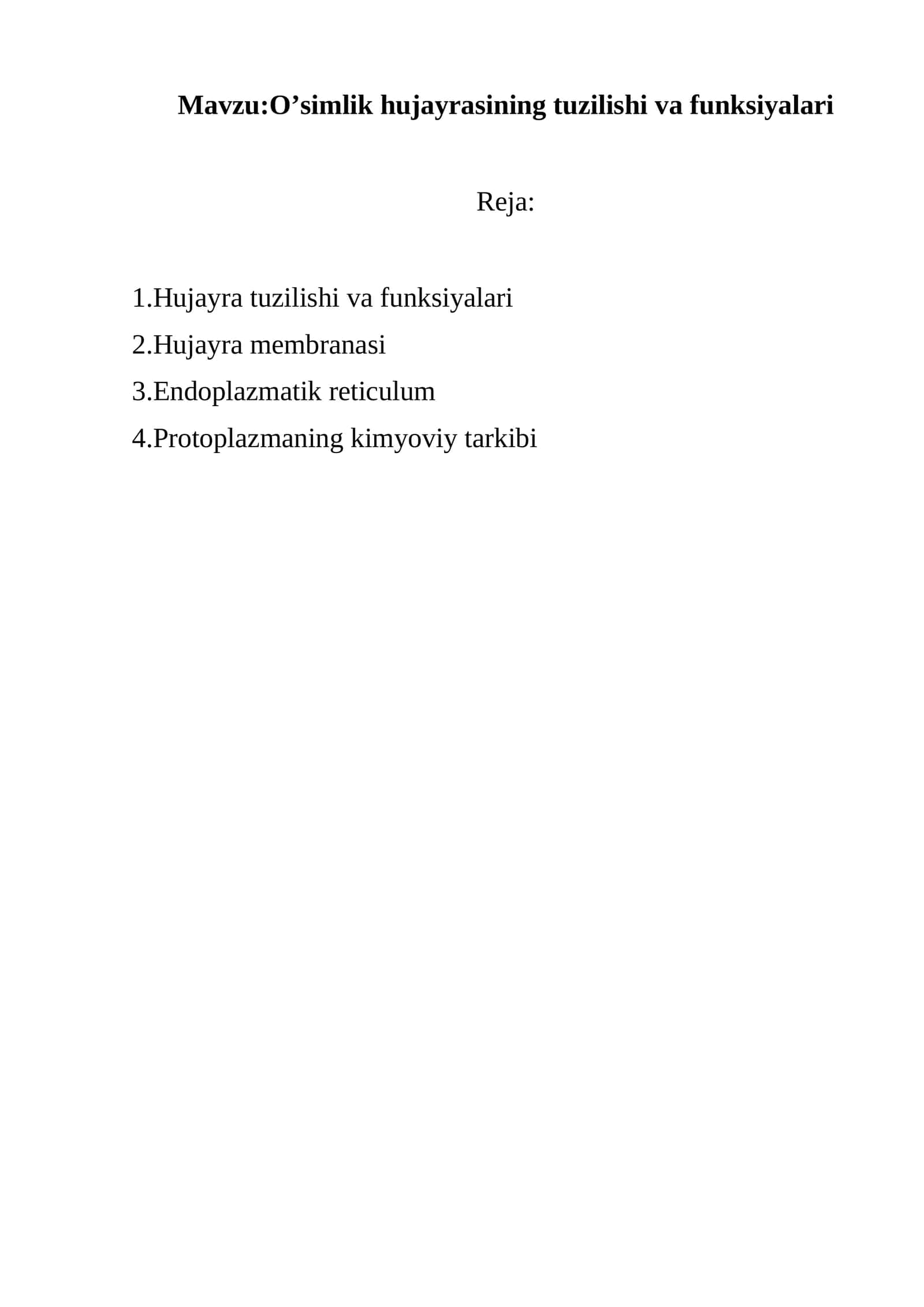 O’simlik hujayrasining tuzilishi va funksiyalari