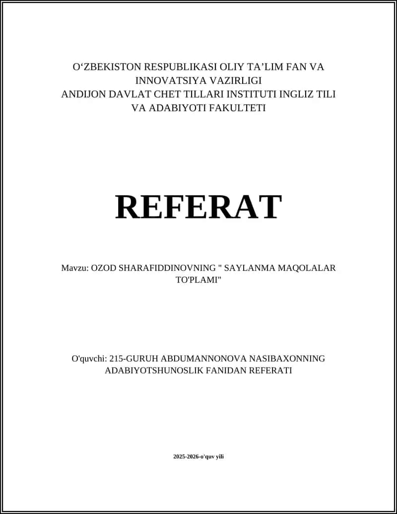 OZOD SHARAFIDDINOVNING " SAYLANMA MAQOLALAR TO'PLAMI"