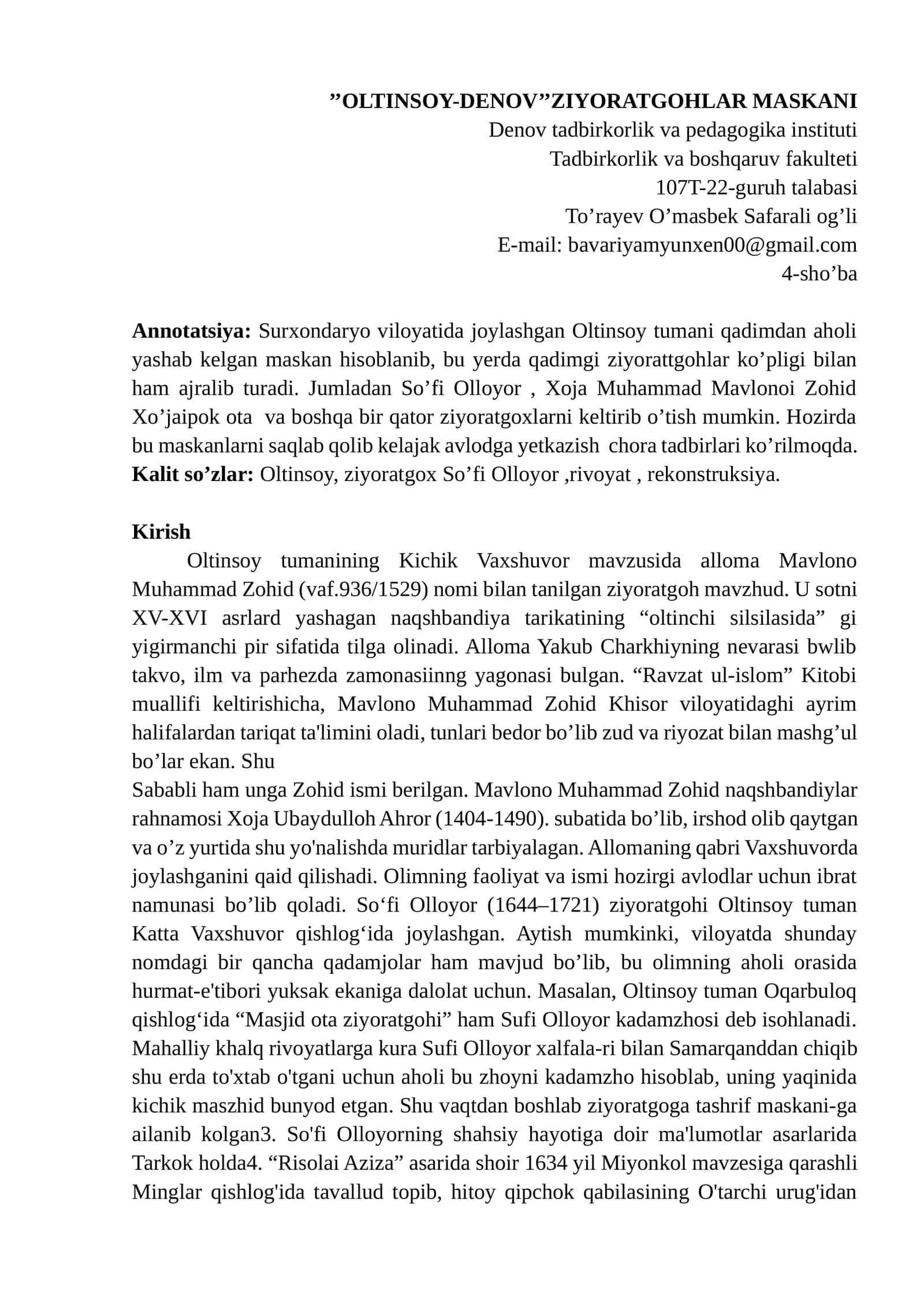 OLTINSOY-DENOV’’ZIYORATGOHLAR MASKANI