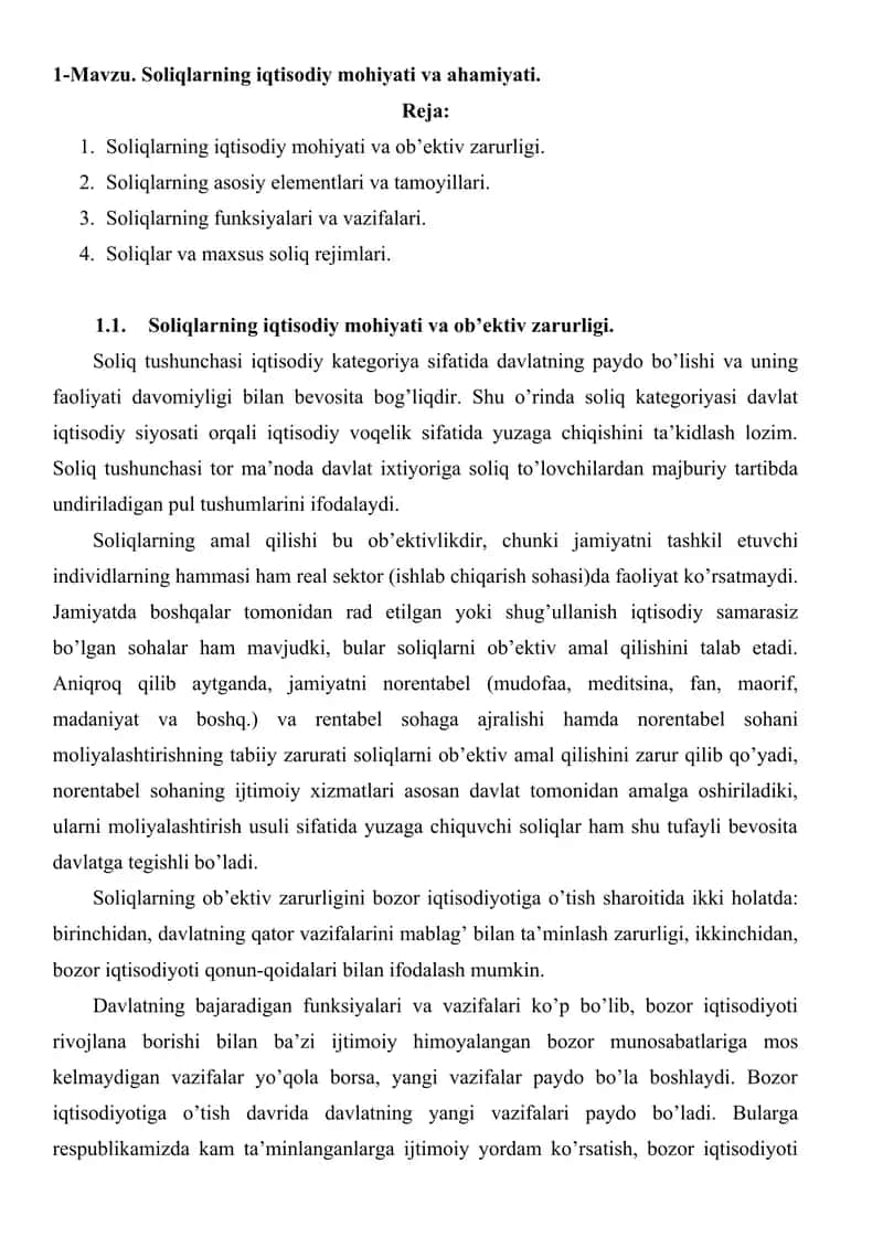 Soliqlarning iqtisodiy mohiyati va ahamiyati