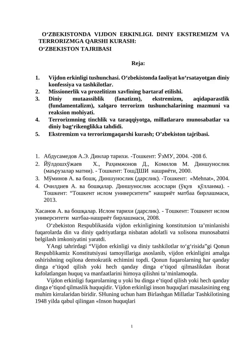 O‘ZBEKISTONDA VIJDON ERKINLIGI. DINIY EKSTREMIZM VA TERRORIZMGA QARSHI KURASH
