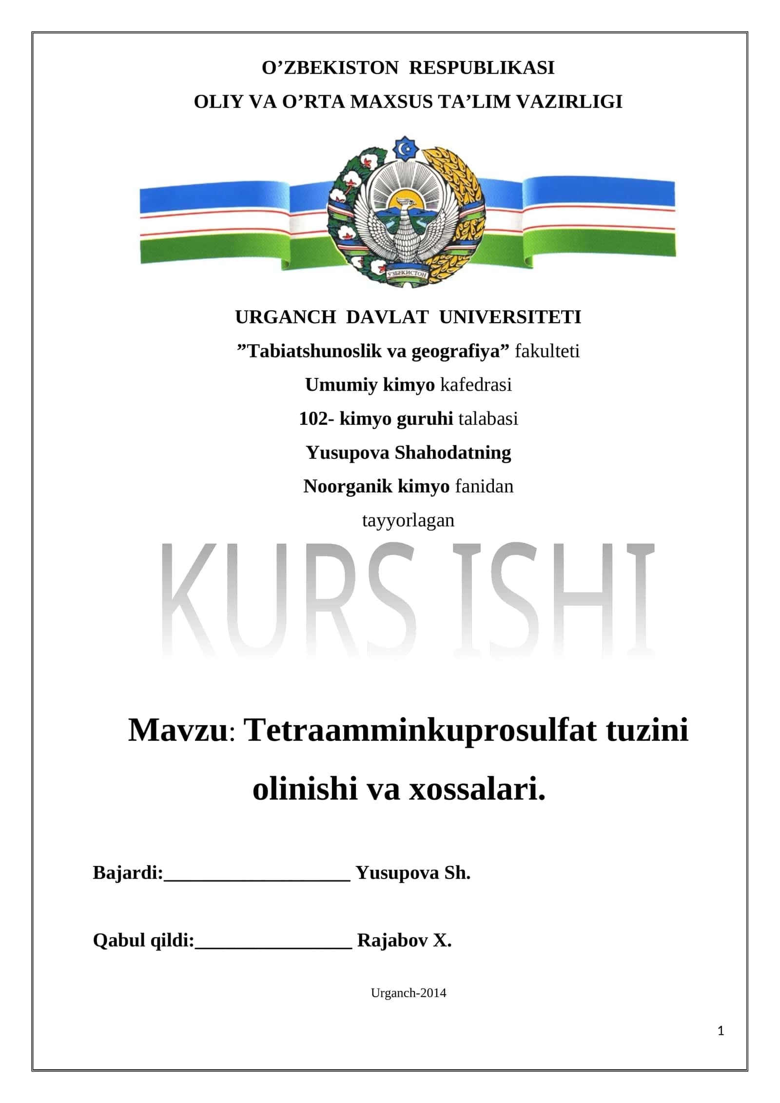 Tetraamminkuprosulfat tuzini olinishi va xossalari