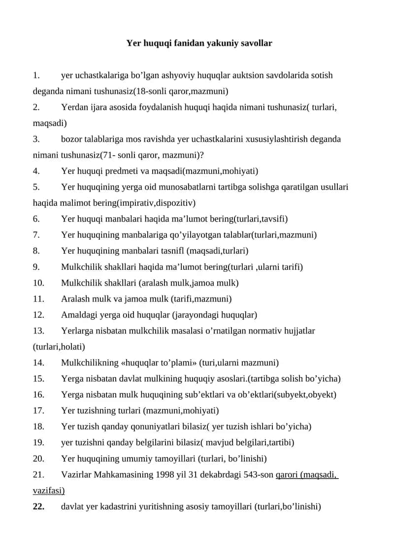 Yer huquqi fanidan yakuniy savollar