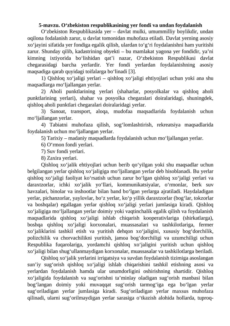 O‘zbekiston respublikasining yer fondi va undan foydalanish