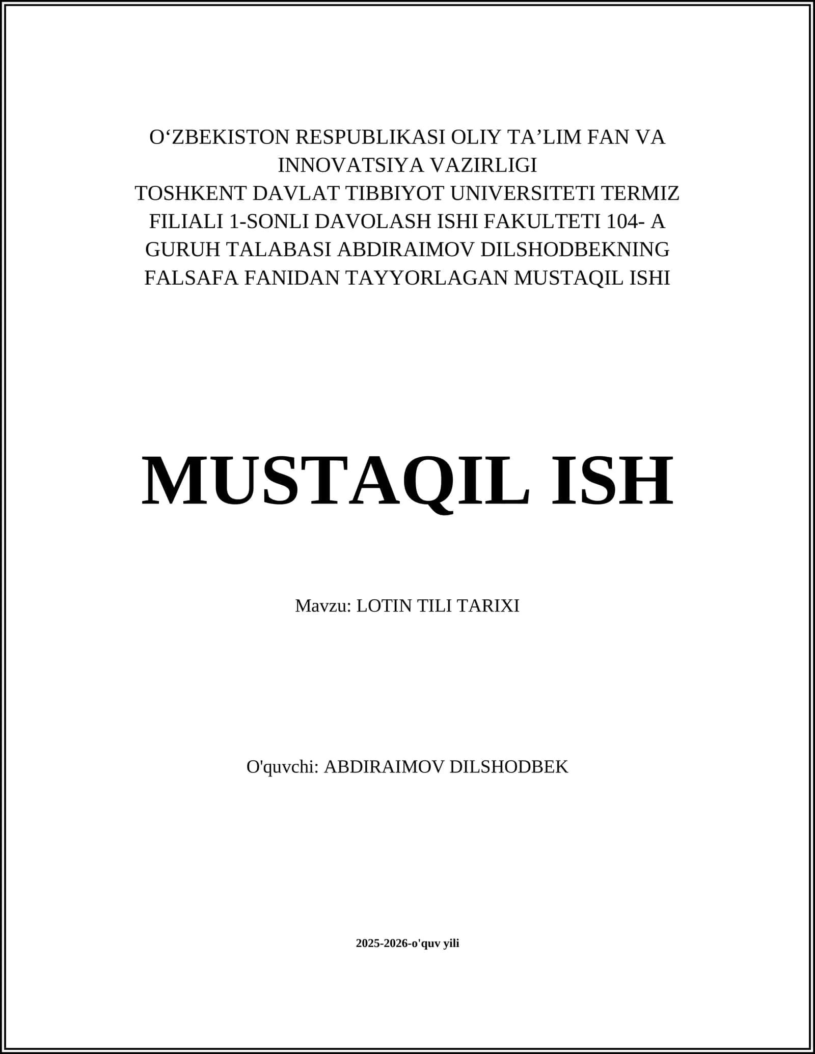 Abdiraimov Dilshodbekning Falasafa Fanidan Tayyorlagan Mustaqil Ishi