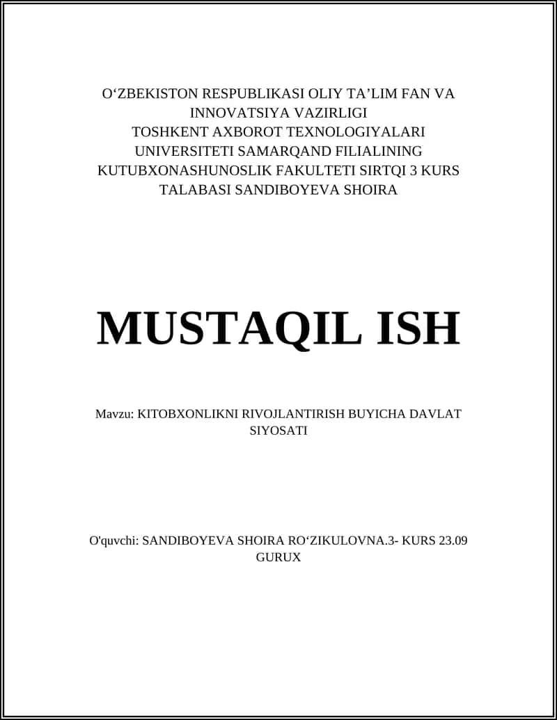 KITOBXONLIKNI RIVOJLANTIRISH BUYICHA DAVLAT SIYOSATI