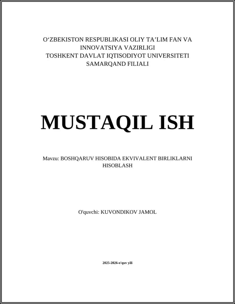 BOSHQARUV HISOBIDA EKVIVALENT BIRLIKLARNI HISOBLASH