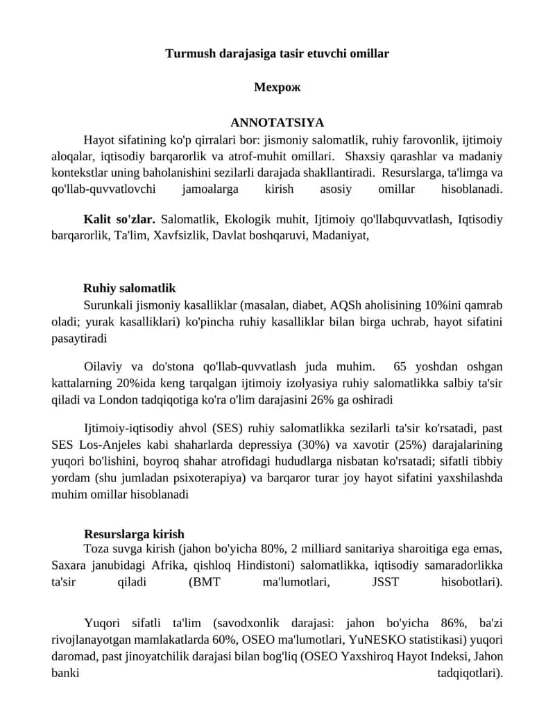 Turmush darajasiga tasir etuvchi omillar