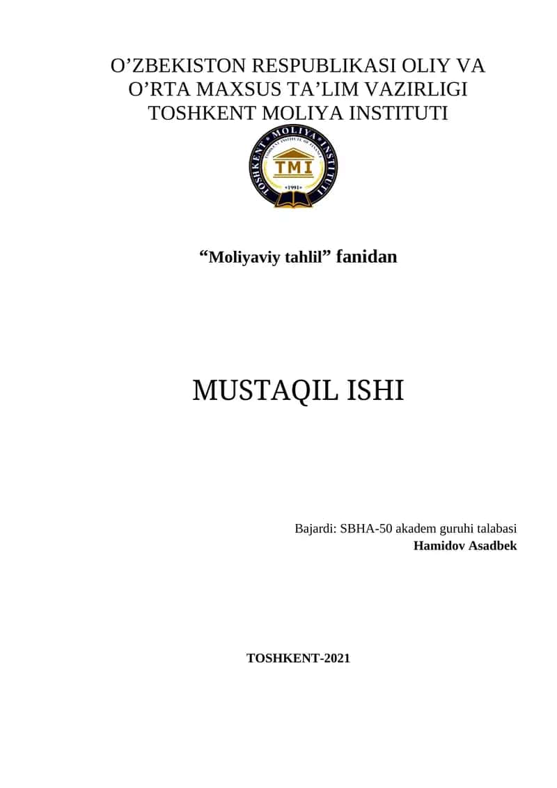 Moliyaviy tahlil fanidan MUSTAQIL ISH