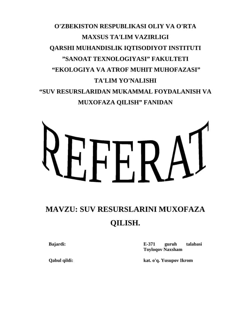 SUV RESURSLARINI MUHOFAZA QILISH