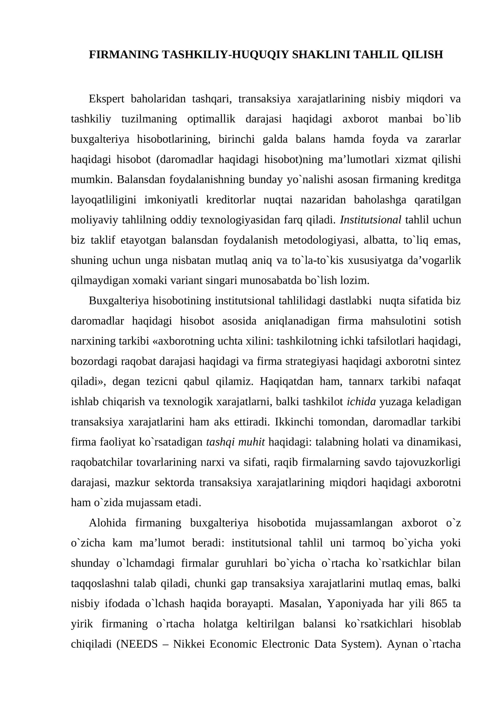 FIRMANING TASHKILIY-HUQUQIY SHAKLINI TAHLIL QILISH