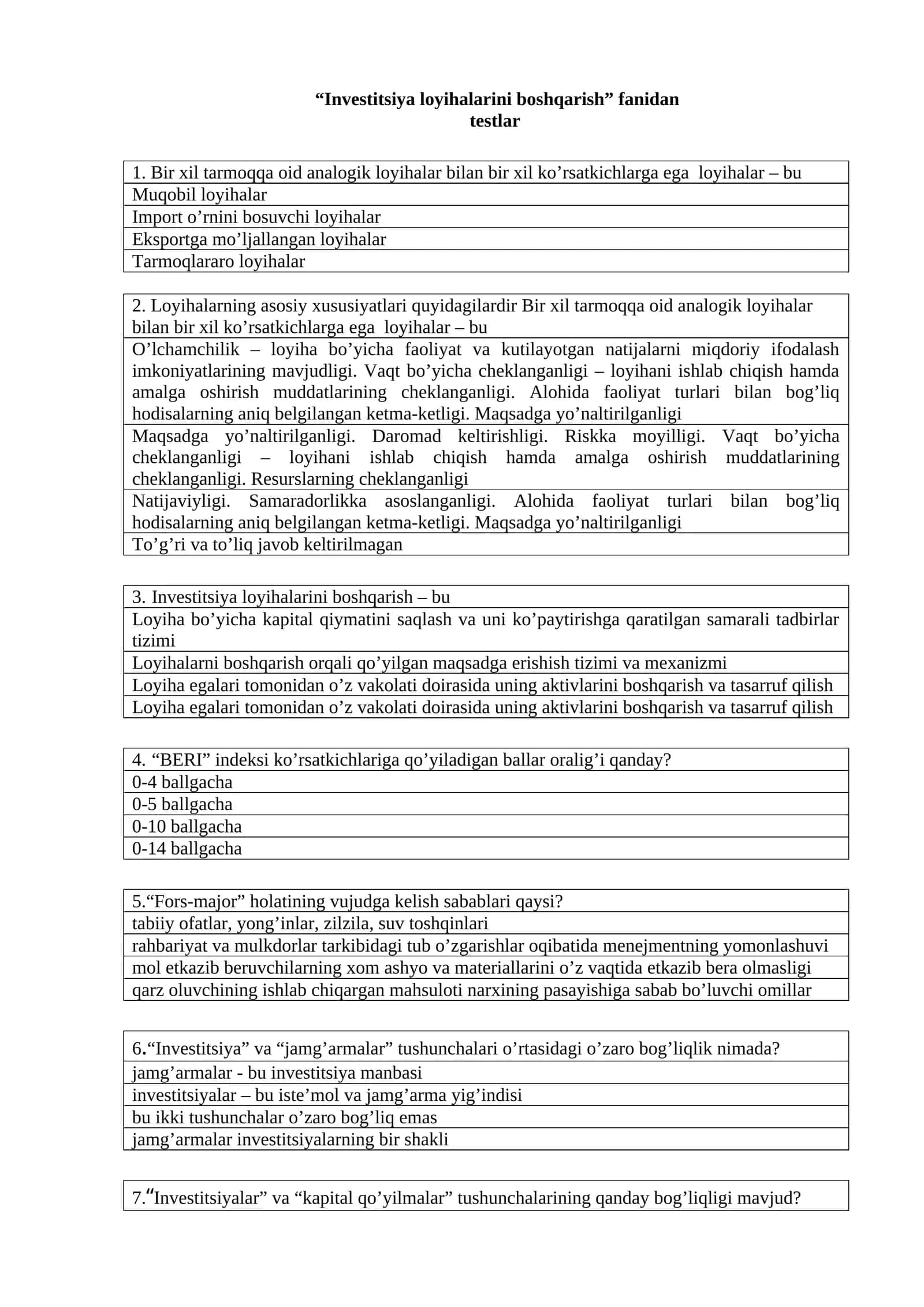 Investitsiya loyihalarini boshqarish fanidan testlar 200 ta