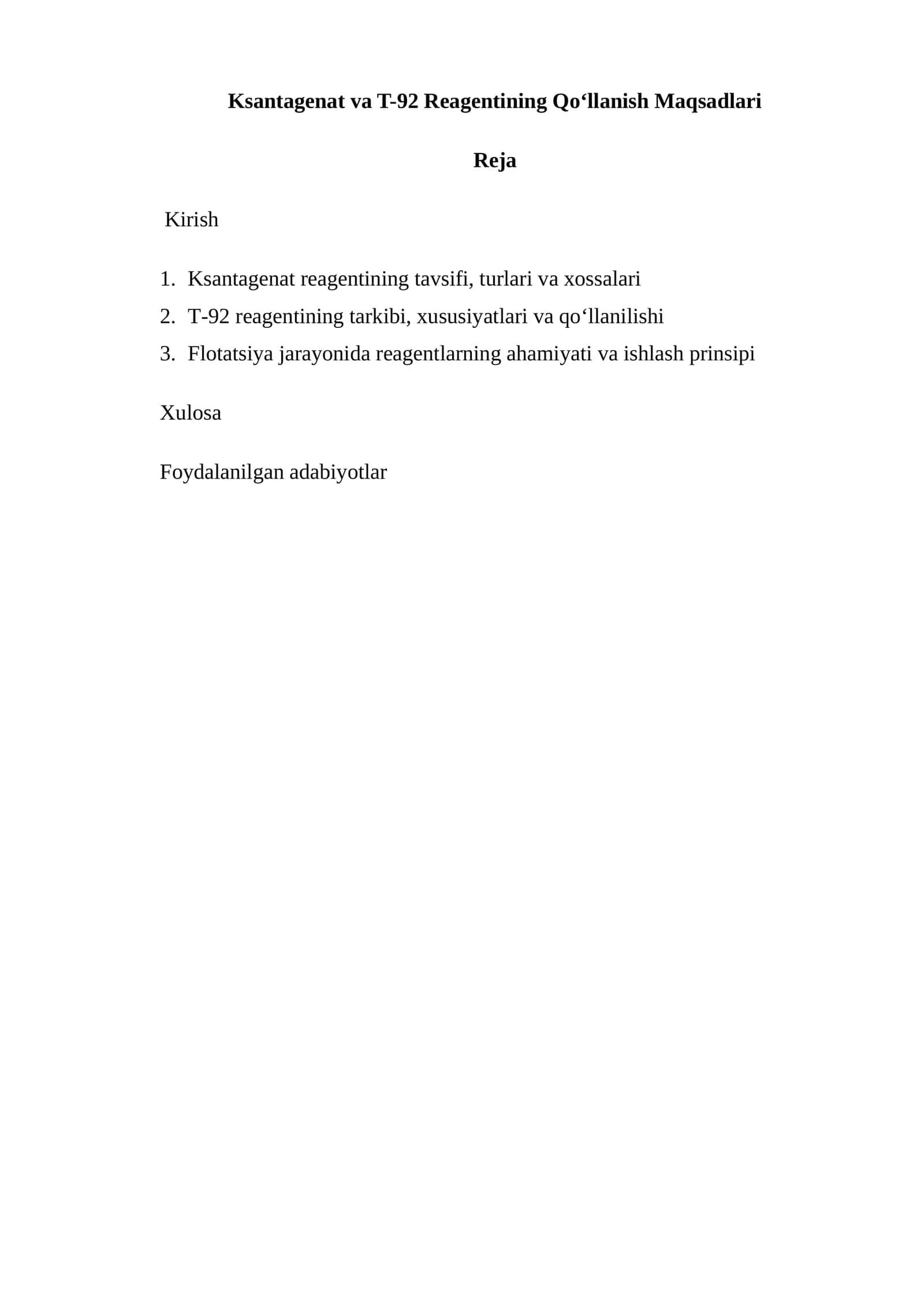Ksantagenat va T-92 Reagentining Qo‘llanish Maqsadlari