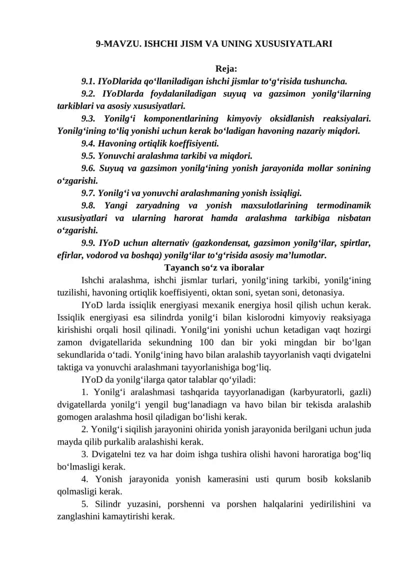 MAVZU. ISHCHI JISM VA UNING XUSUSIYATLARI