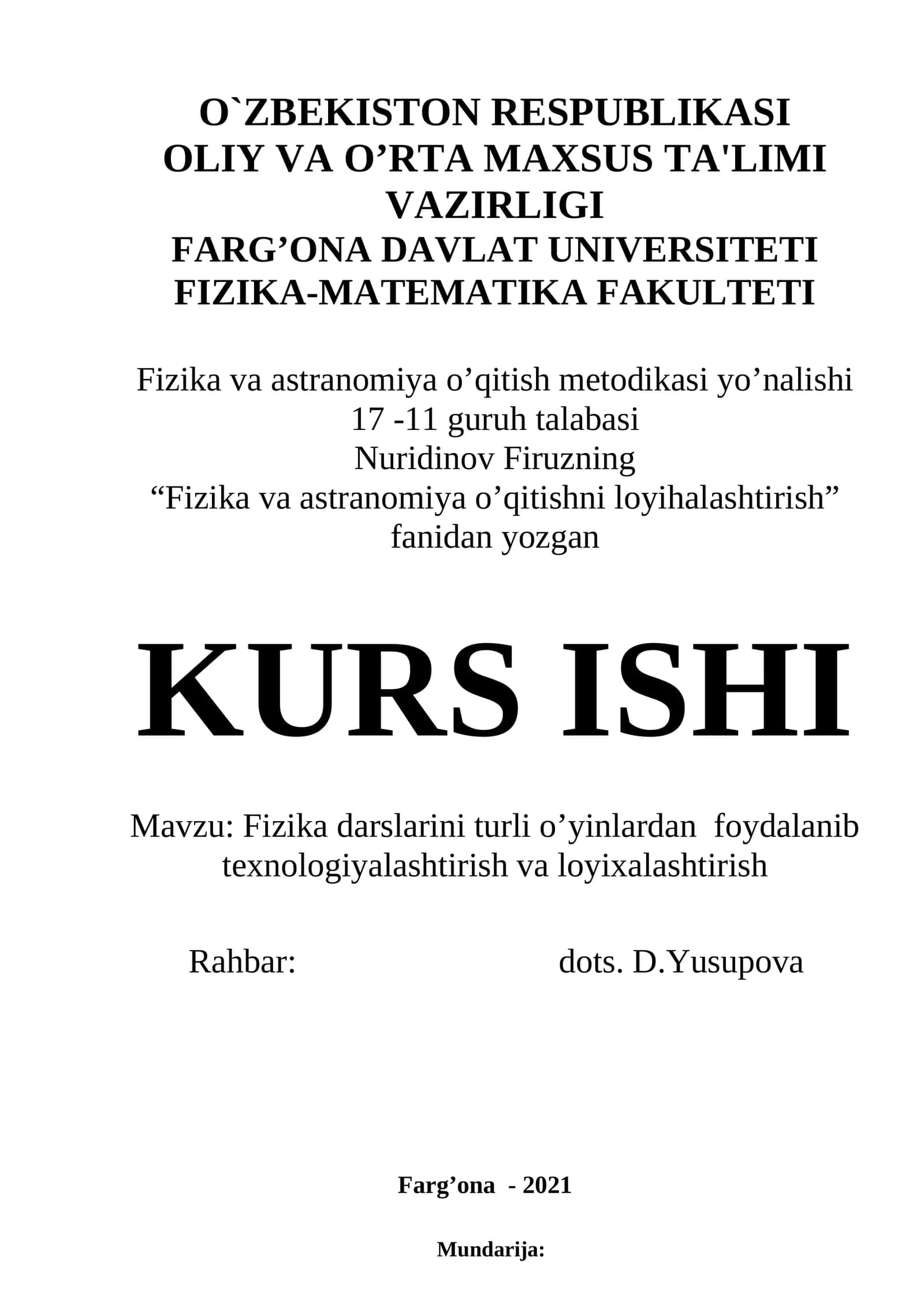 Fizika va astranomiya o’qitishni loyihalashtirish