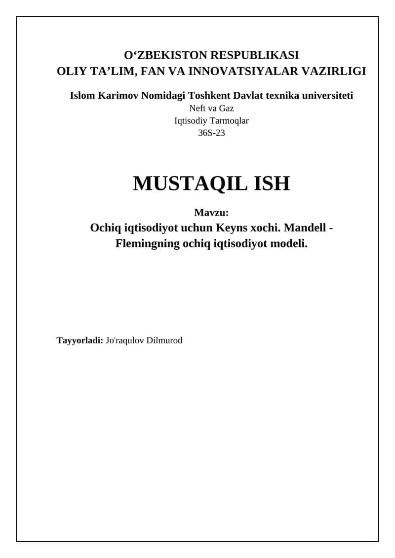 Ochiq iqtisodiyot uchun Keynes xochi va Mundell-Fleming modeli