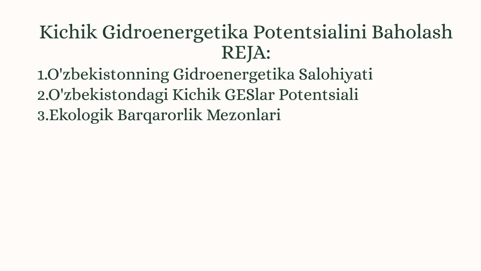 Kichik Gidroenergetika Potentsialini Baholash