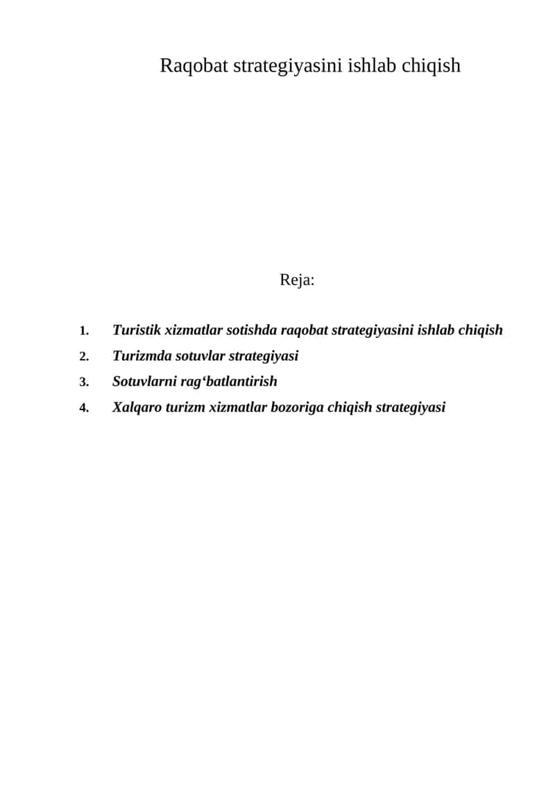 Turistik xizmatlar sotishda raqobat strategiyasini ishlab chiqish