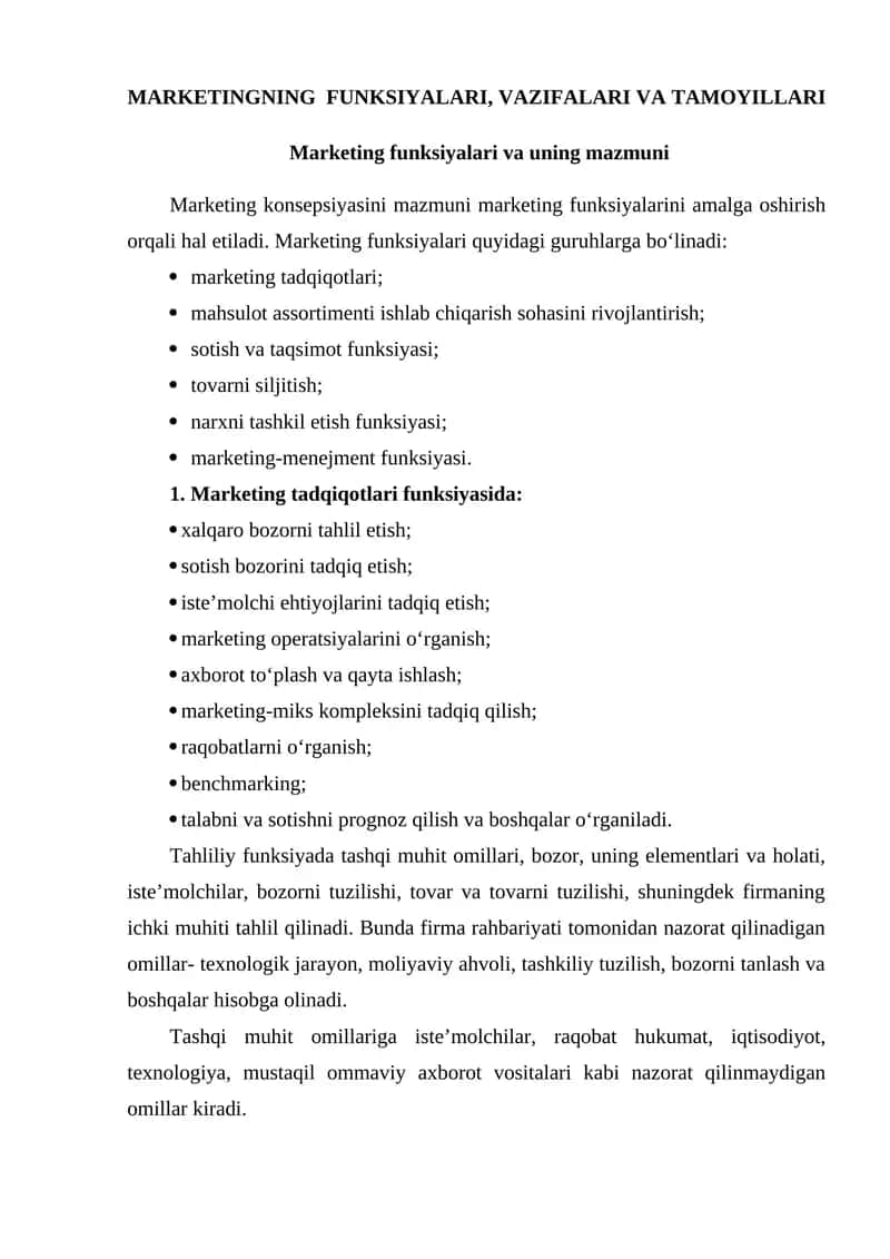 MARKETINGNING FUNKSIYALARI, VAZIFALARI VA TAMOYILLARI