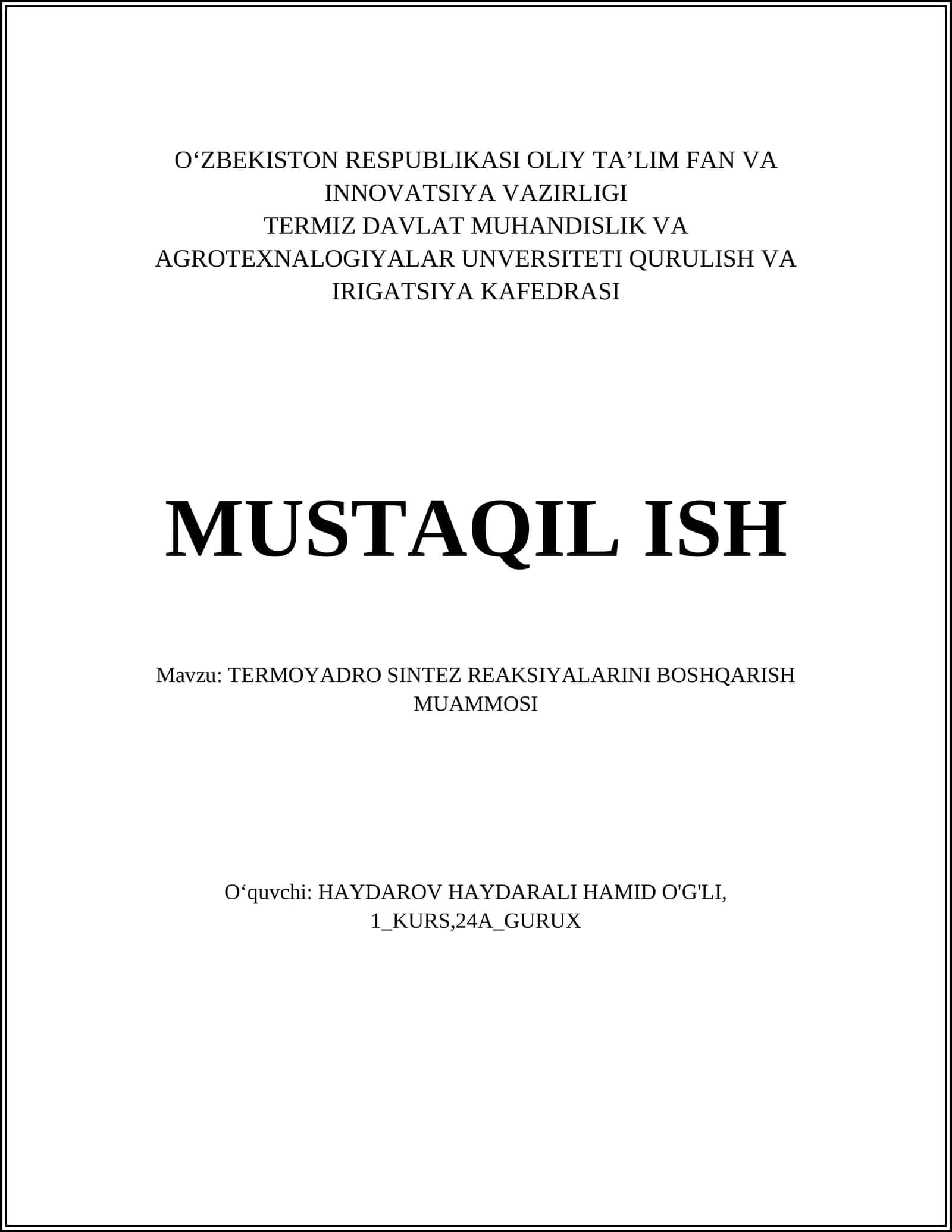 TERMOYADRO SINTEZ REAKSIYALARINI BOSHQARISH MUAMMOSI