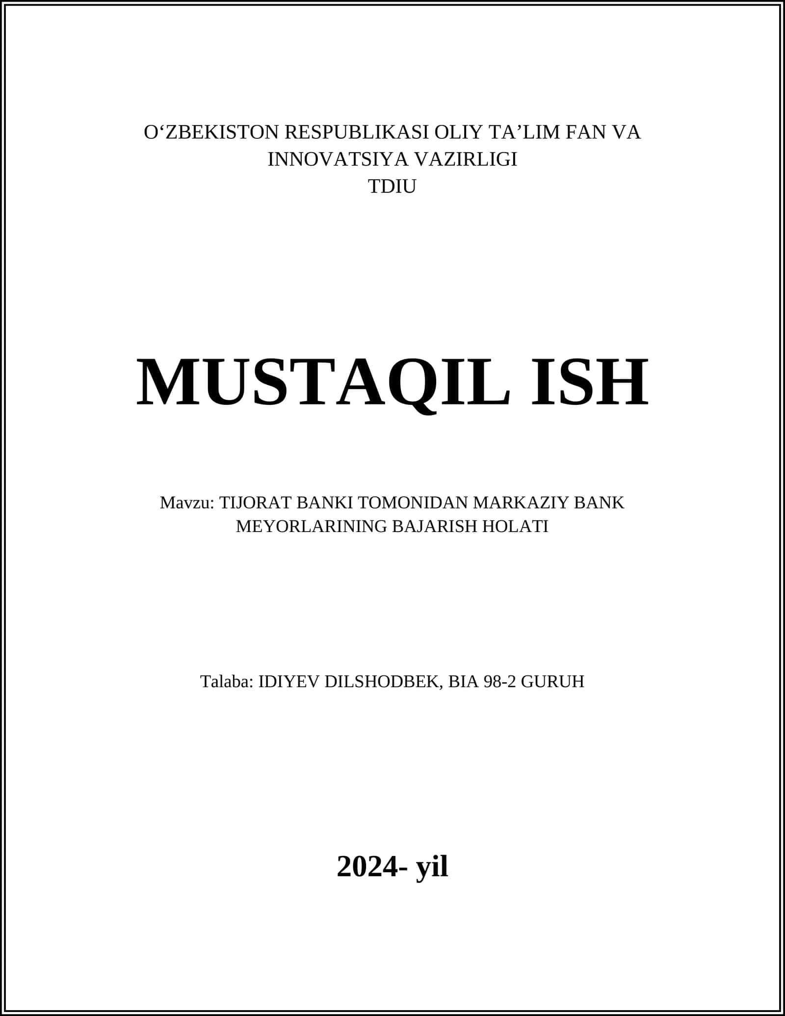 TIJORAT BANKI TOMONIDAN MARKAZIY BANK MEYORLARINING BAJARISH HOLATI